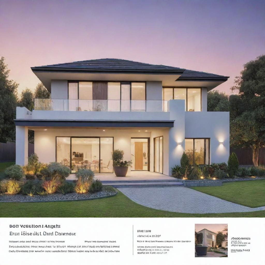 A professionally designed, visually compelling real estate advertisement featuring a modern luxurious house surrounded by a beautifully landscaped garden with the sun setting in the background, and contact details in the corner.