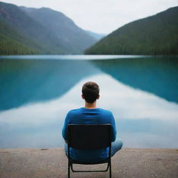 A contemplative 20-year old man sitting on a chair, looking at a serene blue lake, his face expressing sadness as he reflects on his dark past.