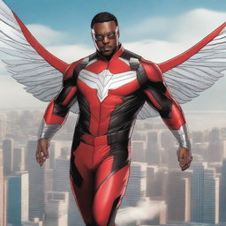 A detailed illustration of Sam Wilson as The Falcon, showcasing his iconic wings and suit
