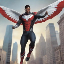 A detailed illustration of Sam Wilson as The Falcon, showcasing his iconic wings and suit