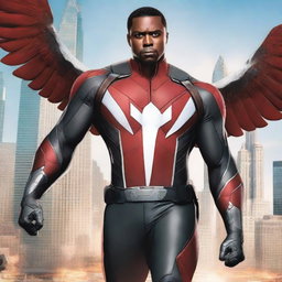 A detailed illustration of Sam Wilson as The Falcon, showcasing his iconic wings and suit