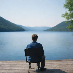 A contemplative 20-year old man sitting on a chair, looking at a serene blue lake, his face expressing sadness as he reflects on his dark past.