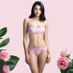 A girl wearing pink underwear with a flower design, standing in a relaxed pose