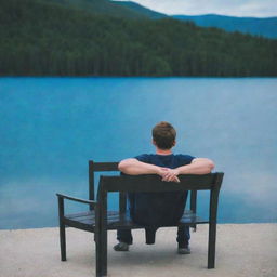 A contemplative 20-year old man sitting on a chair, looking at a serene blue lake, his face expressing sadness as he reflects on his dark past.