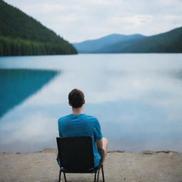 A contemplative 20-year old man sitting on a chair, looking at a serene blue lake, his face expressing sadness as he reflects on his dark past.