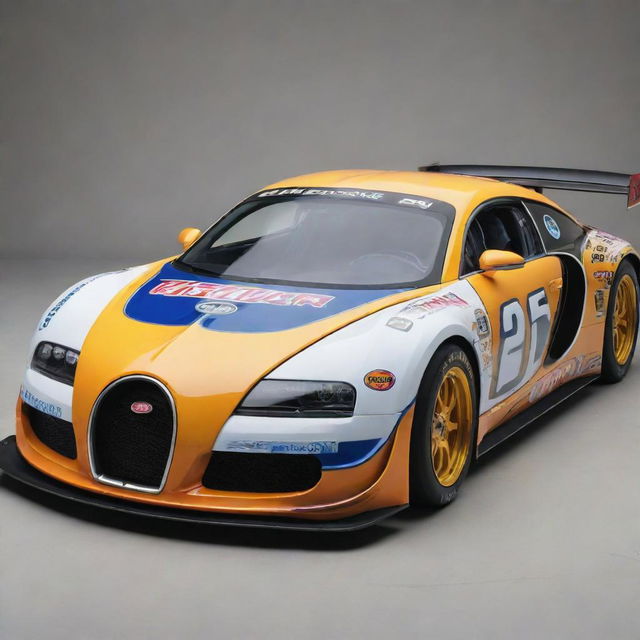 A Bugatti modified into a NASCAR themed car, characterized by vibrant colors, racing enhancements, and embellished with a multitude of sponsor logos.