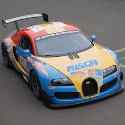 A Bugatti modified into a NASCAR themed car, characterized by vibrant colors, racing enhancements, and embellished with a multitude of sponsor logos.