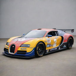 A Bugatti modified into a NASCAR themed car, characterized by vibrant colors, racing enhancements, and embellished with a multitude of sponsor logos.