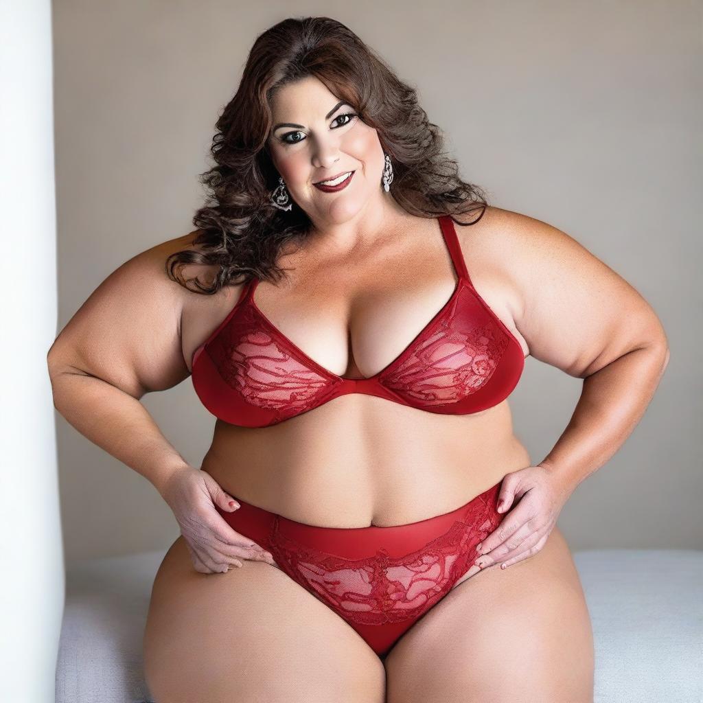 A 50-year-old woman with a BBW figure, brown hair, and brown eyes
