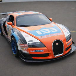 A Bugatti modified into a NASCAR themed car, characterized by vibrant colors, racing enhancements, and embellished with a multitude of sponsor logos.