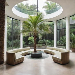 A stylish first-floor seating area surrounded by three glass walls, featuring a palm tree in the center. Around the tree, a circular cutout in the floor accentuates the greenery.