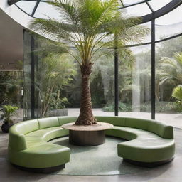 A stylish first-floor seating area surrounded by three glass walls, featuring a palm tree in the center. Around the tree, a circular cutout in the floor accentuates the greenery.