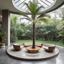 A stylish first-floor seating area surrounded by three glass walls, featuring a palm tree in the center. Around the tree, a circular cutout in the floor accentuates the greenery.