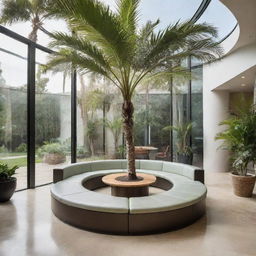 A stylish first-floor seating area surrounded by three glass walls, featuring a palm tree in the center. Around the tree, a circular cutout in the floor accentuates the greenery.