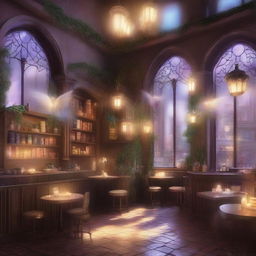 A magical café filled with whimsical ambiance, where angels and wizards gather