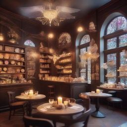 A magical café filled with whimsical ambiance, where angels and wizards gather