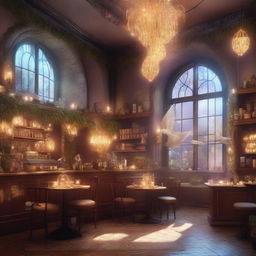 A magical café filled with whimsical ambiance, where angels and wizards gather