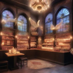 A magical café filled with whimsical ambiance, where angels and wizards gather