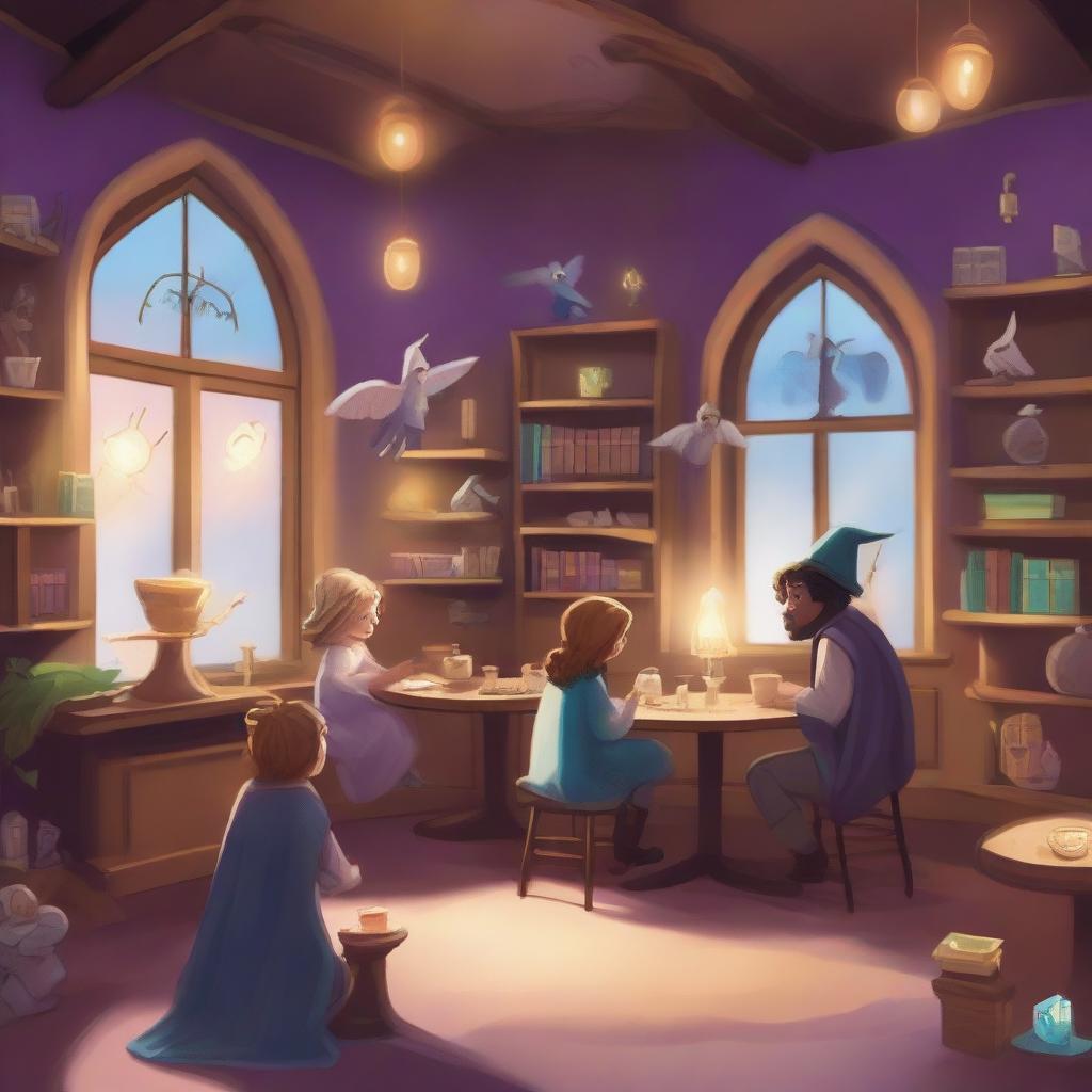 A whimsical scene inside the Sip & Spell magic cafe, where angels and wizards are enjoying a cozy atmosphere