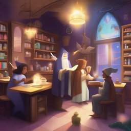 A whimsical scene inside the Sip & Spell magic cafe, where angels and wizards are enjoying a cozy atmosphere