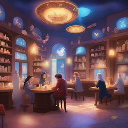 A whimsical scene inside the Sip & Spell magic cafe, where angels and wizards are enjoying a cozy atmosphere