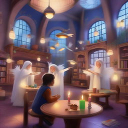 A whimsical scene inside the Sip & Spell magic cafe, where angels and wizards are enjoying a cozy atmosphere