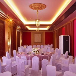 A well-decorated hall within a space of 18x10 meters with tastefully arranged furniture, elegant lighting, and harmonious color patterns.