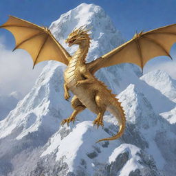 A golden Ghibli-style dragon encircling a snowy mountain peak