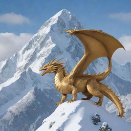 A golden Ghibli-style dragon encircling a snowy mountain peak