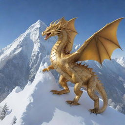 A golden Ghibli-style dragon encircling a snowy mountain peak