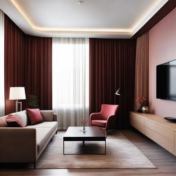 Design a modern hotel room that is 6 meters long and 8 meters wide