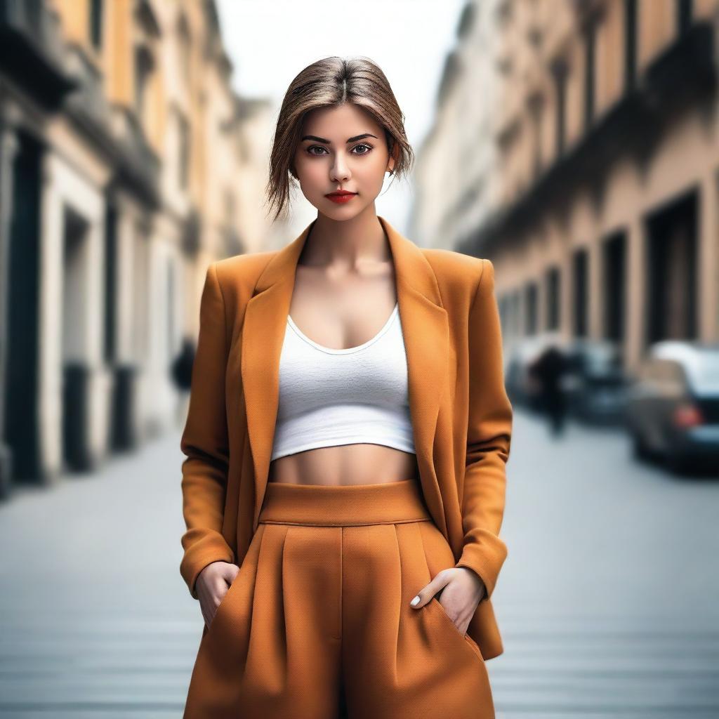Create an image of an attractive young woman with a fashionable outfit, posed confidently