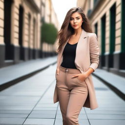 Create an image of an attractive young woman with a fashionable outfit, posed confidently