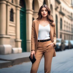 Create an image of an attractive young woman with a fashionable outfit, posed confidently