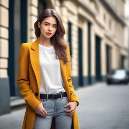 Create an image of an attractive young woman with a fashionable outfit, posed confidently