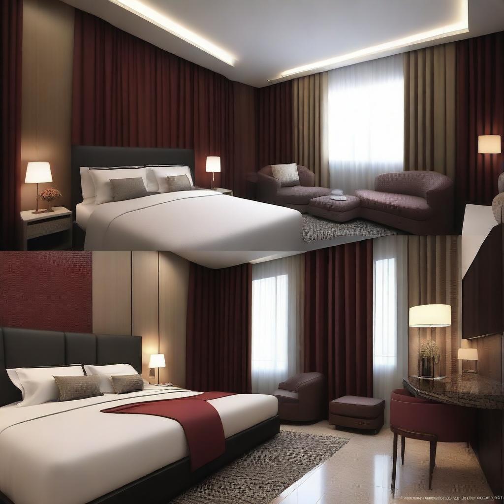 Design a modern hotel room that is 6 meters long and 8 meters wide