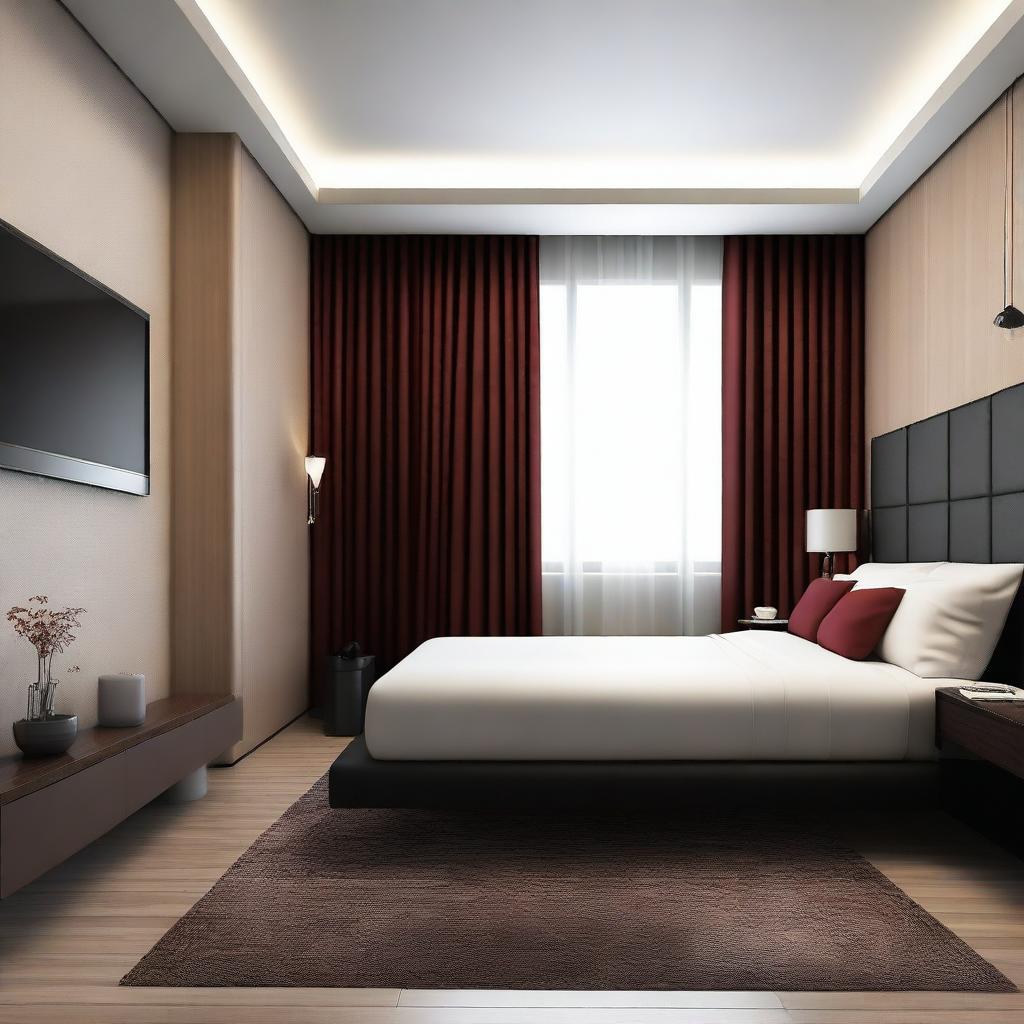 Design a modern hotel room that is 6 meters long and 8 meters wide