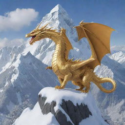 A golden Ghibli-style dragon encircling a snowy mountain peak