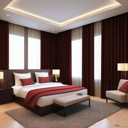 Design a modern hotel room that is 6 meters long and 8 meters wide