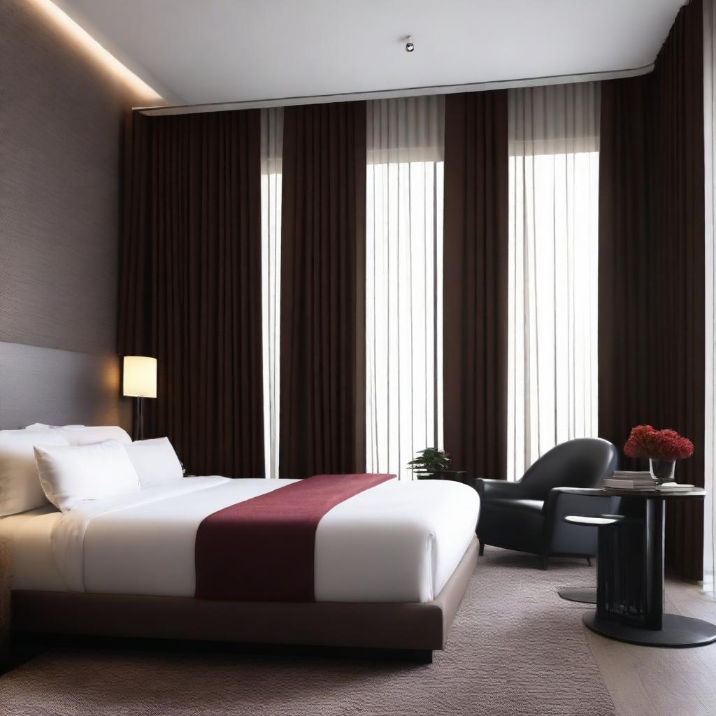 Design a modern hotel room that is 6 meters long and 8 meters wide