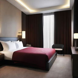 Design a modern hotel room that is 6 meters long and 8 meters wide