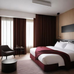 Design a modern hotel room that is 6 meters long and 8 meters wide