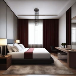 Design a modern hotel room that is 6 meters long and 8 meters wide