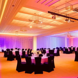 A well-decorated hall within a space of 18x10 meters with tastefully arranged furniture, elegant lighting, and harmonious color patterns.