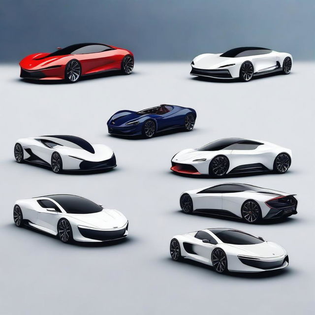 Multiple models of futuristic luxury sports cars that do not exist in reality