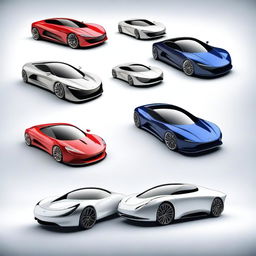 Multiple models of futuristic luxury sports cars that do not exist in reality