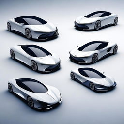 Multiple models of futuristic luxury sports cars that do not exist in reality