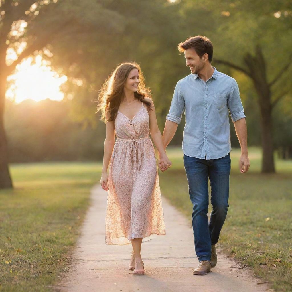 A young happy couple holding hands on a romantic walk in a beautiful sunset-lit park. The woman is wearing a stylish sundress, and the man a casual shirt and jeans.