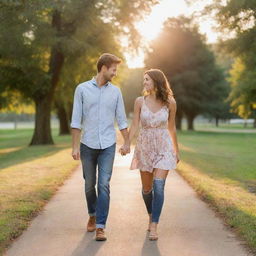 A young happy couple holding hands on a romantic walk in a beautiful sunset-lit park. The woman is wearing a stylish sundress, and the man a casual shirt and jeans.