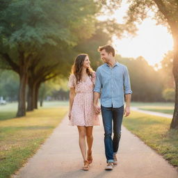 A young happy couple holding hands on a romantic walk in a beautiful sunset-lit park. The woman is wearing a stylish sundress, and the man a casual shirt and jeans.